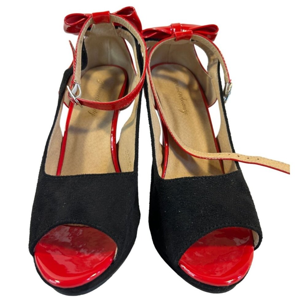 Getmorebeauty Red Patent & Black Suede Heels With Bow Detail